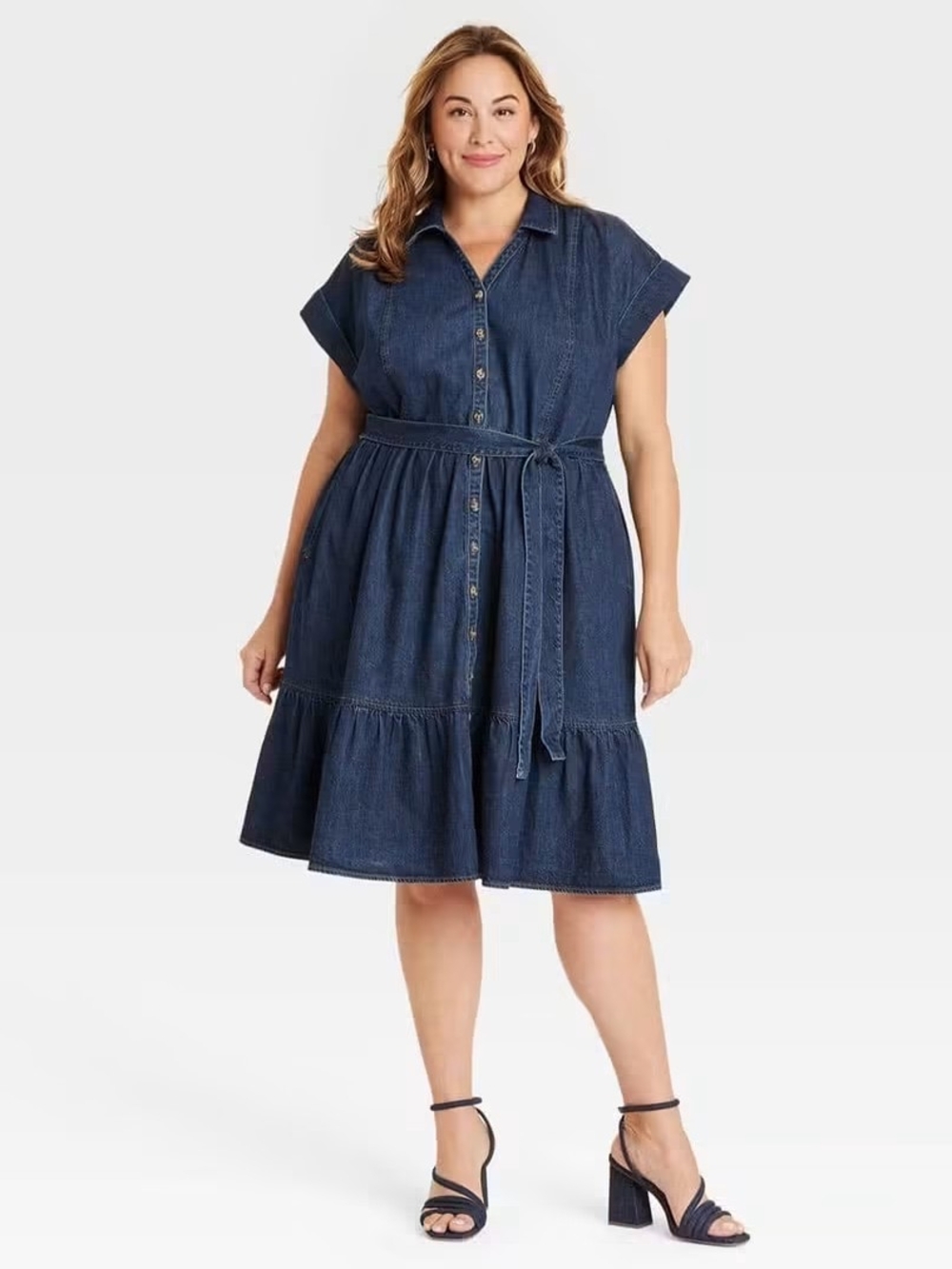 Ava & Viv Dark Blue Button-Front Denim Midi Dress with Tie Belt